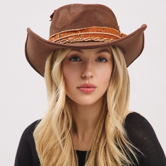 Brown Vintage Inspired Distressed Fabric Band Rustic Western Fedora Hat - Picture 3 of 4